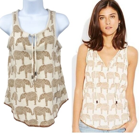 Lucky Brand Embroidered Elephant Print Tank Top Boho Tan Bead Tie Shirt XS - Picture 1 of 9